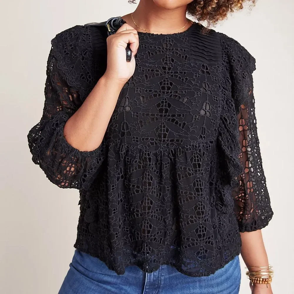 Anthropologie Clementine Eyelet Lace Blouse Black Ruffle Puff Sleeve Size 6